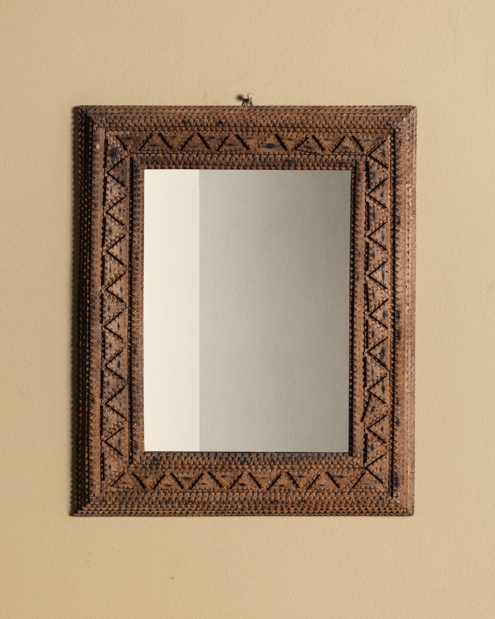 Light Wood Tramp Art Mirror with Triangles, Early 20th Century