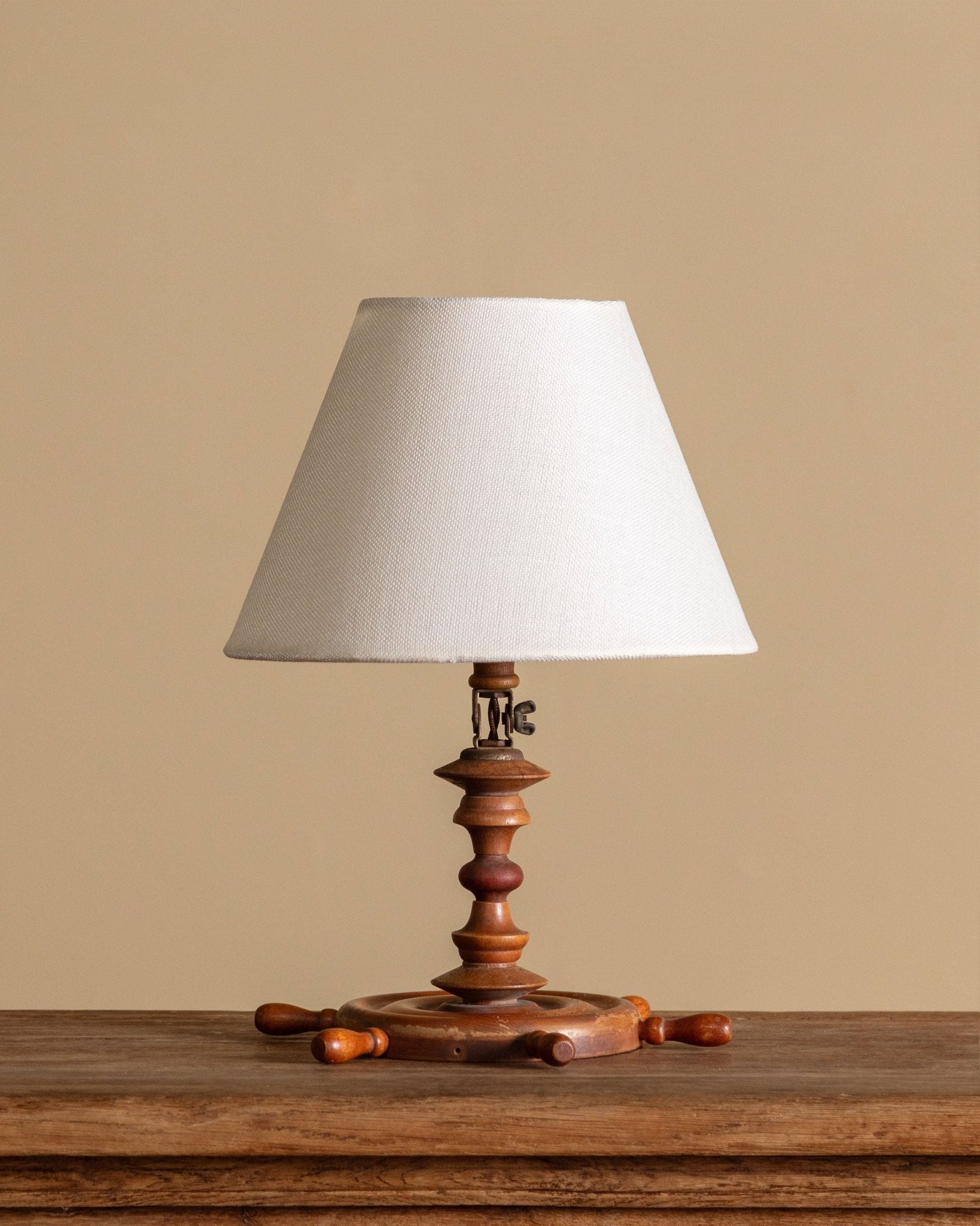 Nautical Wood Table Lamp with Ship's Wheel Base, American, 1970s