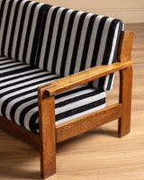 Oak Ladder Back Sofa in Striped Upholstery Manner of Swarzędzkie, Poland, 1960s - Lone Fox