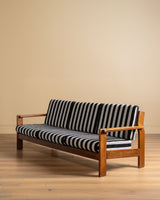 Oak Ladder Back Sofa in Striped Upholstery Manner of Swarzędzkie, Poland, 1960s - Lone Fox