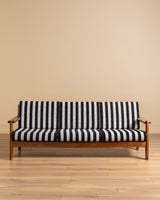 Oak Ladder Back Sofa in Striped Upholstery Manner of Swarzędzkie, Poland, 1960s - Lone Fox