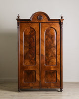 Pair of 19th Century Olive Burlwood & Mahogany Armoires w/ Fruit Carvings - Lone Fox