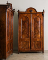 Pair of 19th Century Olive Burlwood & Mahogany Armoires w/ Fruit Carvings - Lone Fox