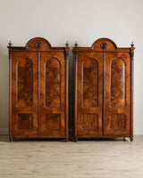 Pair of 19th Century Olive Burlwood & Mahogany Armoires w/ Fruit Carvings - Lone Fox