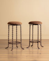 Pair of Brutalist Chain - Link Barstools in Striped Velvet, 1970’s - Lone Fox
