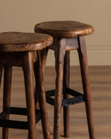 Pair of French Organic Wood & Hammered Iron Barstools, 1950's - Lone Fox