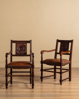 Pair of Oak & Leather Open Arm Chairs, France, 1940s - Lone Fox