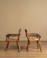 Pair of Rustic Branch & Woven Rush Armchairs, France, 1970's - Lone Fox