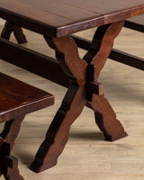 Rustic Brazilian Carved Mortis & Tenon Table + Pair of Benches, 1950's - Lone Fox
