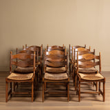Set of 12 Brutalist Razor Blade Oak & Rush Dining Chairs, Belgium, 1960's - Lone Fox