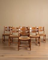Set of 12 Brutalist Razor Blade Oak & Rush Dining Chairs, Belgium, 1960's - Lone Fox