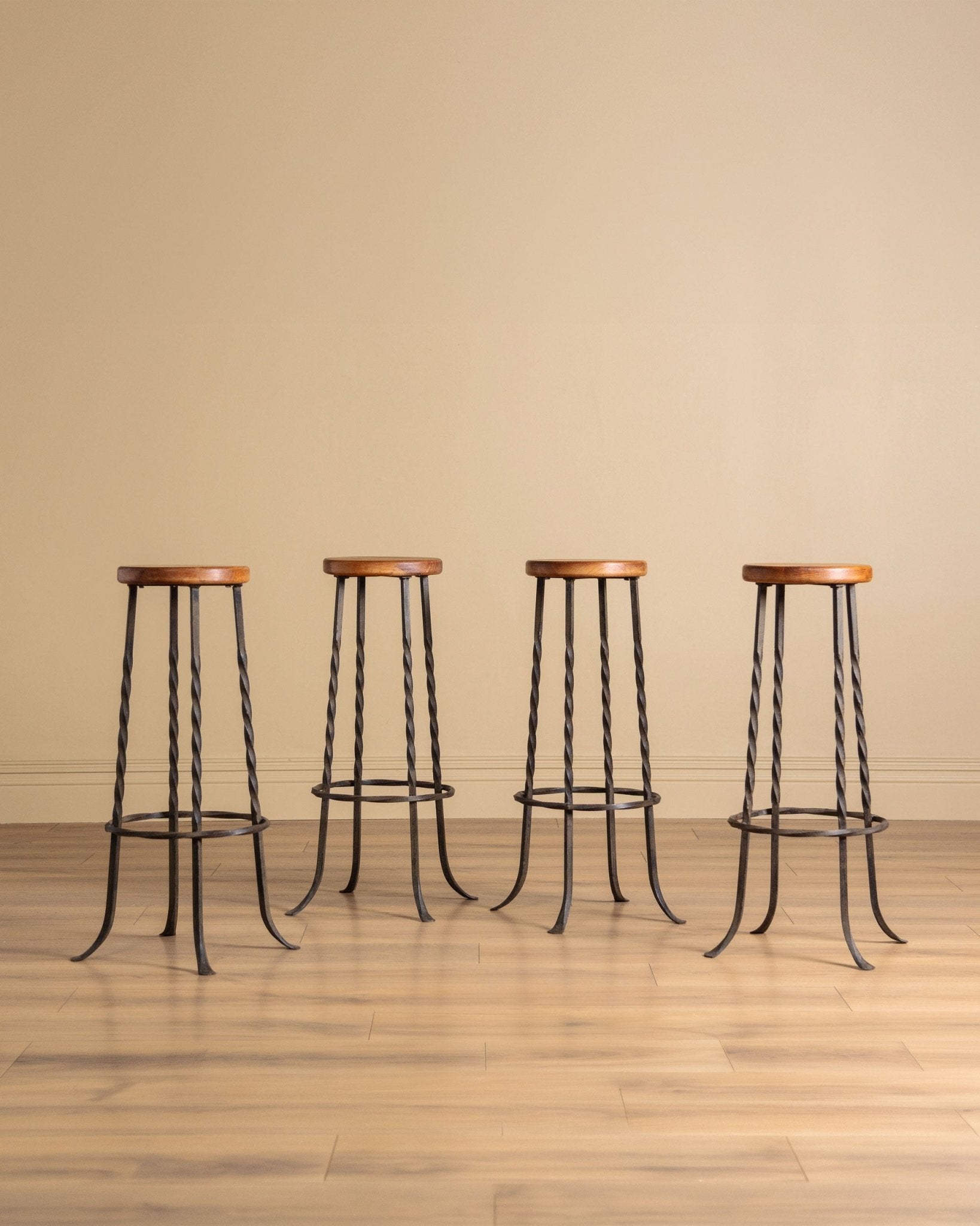 Set of 4 French Oak & Twisted Iron Bar Stools, 1960's – Lone Fox