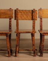 Set of 6 Brutalist Gouge Carved Dining Chairs with Plank Seats, France, 1960s - Lone Fox