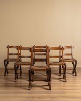 Set of 6 Brutalist Wood & Rush Gouge Carved Dining Chairs, 1960s - Lone Fox