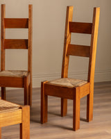 Set of 6 Chunky Pine & Rush Ladder Back Dining Chairs, France, 1960's - Lone Fox