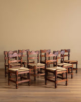 Set of 8 Spanish Pine and Rush Dining Chairs, Spain, Early 20th Century - Lone Fox
