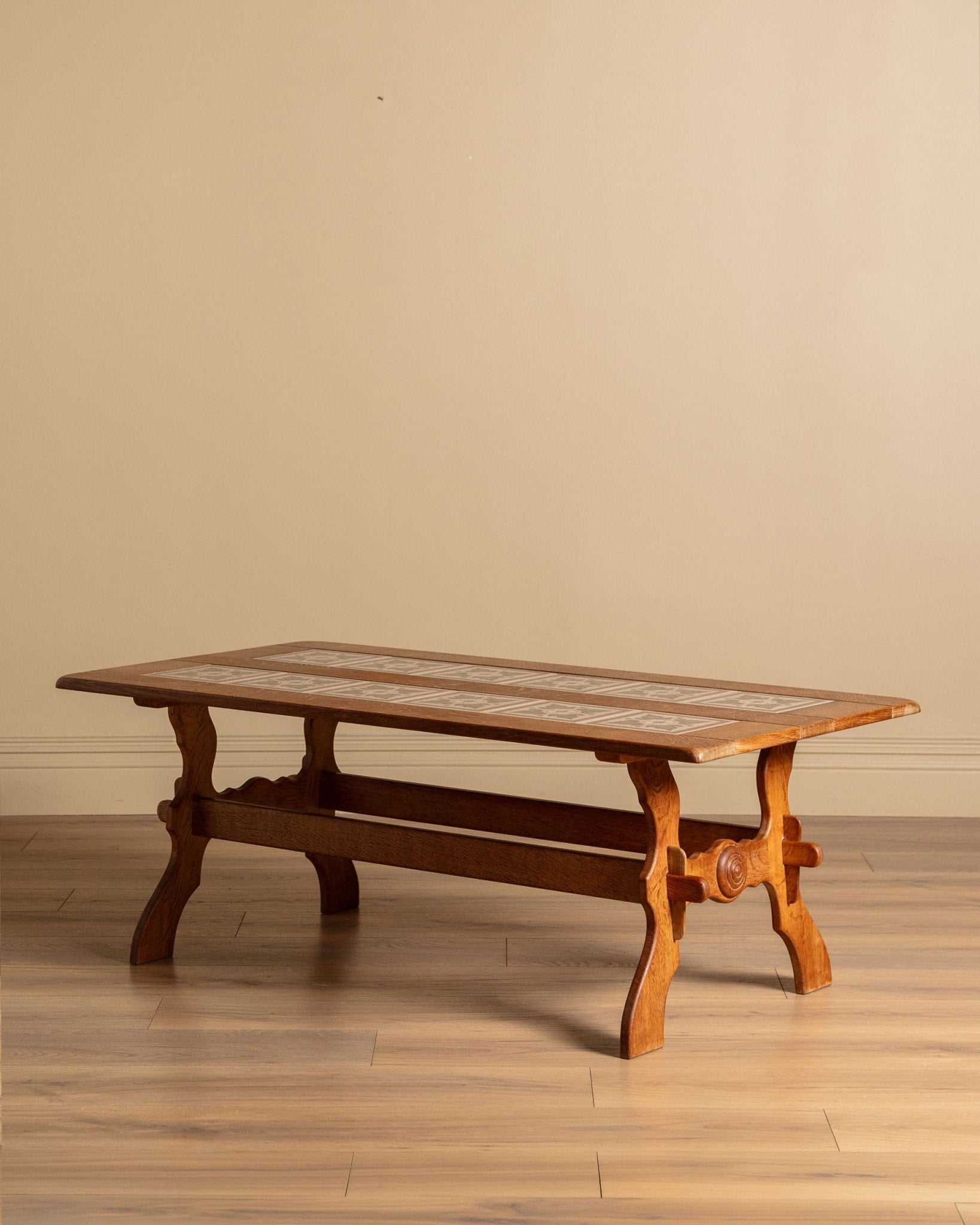 Trestle Base Oak & Floral Tile Coffee Table, Denmark, 1970s – Lone Fox