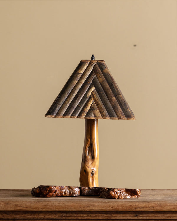 Burl Wood Table Lamp w/ Bamboo Shade, 1970's