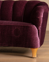Swedish Channel Back Banana Sofa in Mulberry Mohair, 1950's