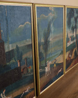Large 18th Century Painted Wallpaper Panel "Fox Hunting Scene" Triptych, France