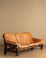 Scandinavian Brutalist Leather and Oak Sofa, Scandinavia, 1970s