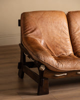 Scandinavian Brutalist Leather and Oak Sofa, Scandinavia, 1970s