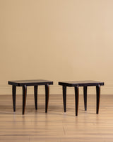 Pair of Art Deco Black Lacquer Side Tables w/ Wood Inlay, France, 1940's