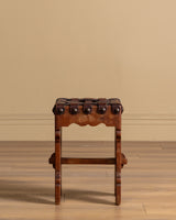 Gothic Carved Oak Stool with Woven Leather Seat, Belgium, 1950's