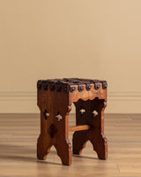 Gothic Carved Oak Stool with Woven Leather Seat, Belgium, 1950's