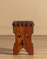 Gothic Carved Oak Stool with Woven Leather Seat, Belgium, 1950's
