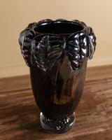 Large Hand Blow Murano Black Glass Leaf-Trim Vase #1, Italy, 2000's