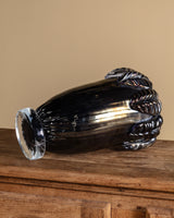 Large Hand Blow Murano Black Glass Leaf-Trim Vase #1, Italy, 2000's