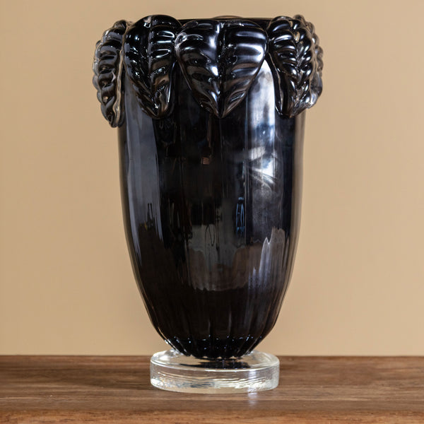 Large Hand Blow Murano Black Glass Leaf-Trim Vase #2, Italy