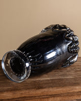 Large Hand Blow Murano Black Glass Leaf-Trim Vase #2, Italy, 2000's