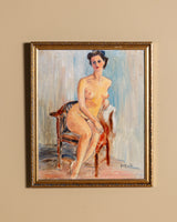 Seated Nude Oil Painting by Bertrand, France, 1950's