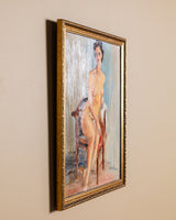 Seated Nude Oil Painting by Bertrand, France, 1950's