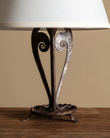 French Iron Scroll Base Table Lamp w/ Cotton Shade, 1910s