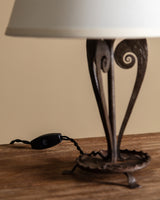 French Iron Scroll Base Table Lamp w/ Cotton Shade, 1910s