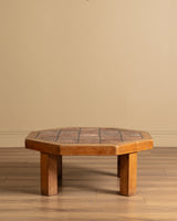 Brutalist Oak & Tile Eight Sided Coffee Table, France, 1960's