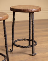 French Oak & Twisted Iron Stool, 1950s (4 available)