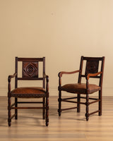 Pair of Oak & Leather Open Arm Chairs, France, 1940s