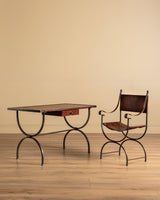 French Iron & Leather Desk and Chair Set, Manner of Jansen, 1950s
