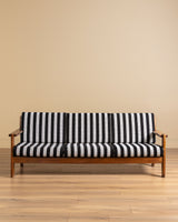 Oak Ladder Back Sofa in Striped Upholstery Manner of Swarzędzkie, Poland, 1960s