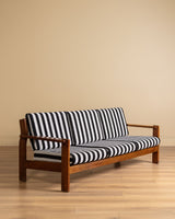 Oak Ladder Back Sofa in Striped Upholstery Manner of Swarzędzkie, Poland, 1960s