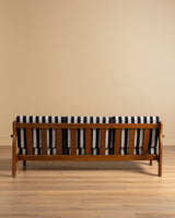 Oak Ladder Back Sofa in Striped Upholstery Manner of Swarzędzkie, Poland, 1960s