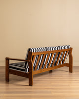 Oak Ladder Back Sofa in Striped Upholstery Manner of Swarzędzkie, Poland, 1960s