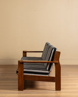 Oak Ladder Back Sofa in Striped Upholstery Manner of Swarzędzkie, Poland, 1960s