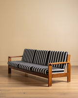 Oak Ladder Back Sofa in Striped Upholstery Manner of Swarzędzkie, Poland, 1960s