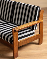 Oak Ladder Back Sofa in Striped Upholstery Manner of Swarzędzkie, Poland, 1960s