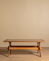 Trestle Base Oak & Floral Tile Coffee Table, Denmark, 1970s